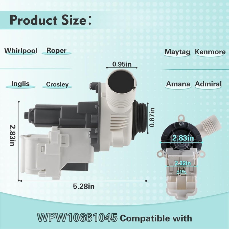 GREALTH W10661045 W10614033 Washer Drain Pump Assembly for Whirlpool Roper Maytag Kenmore Inglis Crosley Amana Admiral, Replacement Part W10215134 WPW10661045 3554974 AP6023670 PS11757016 EAP11757016 - Image 2